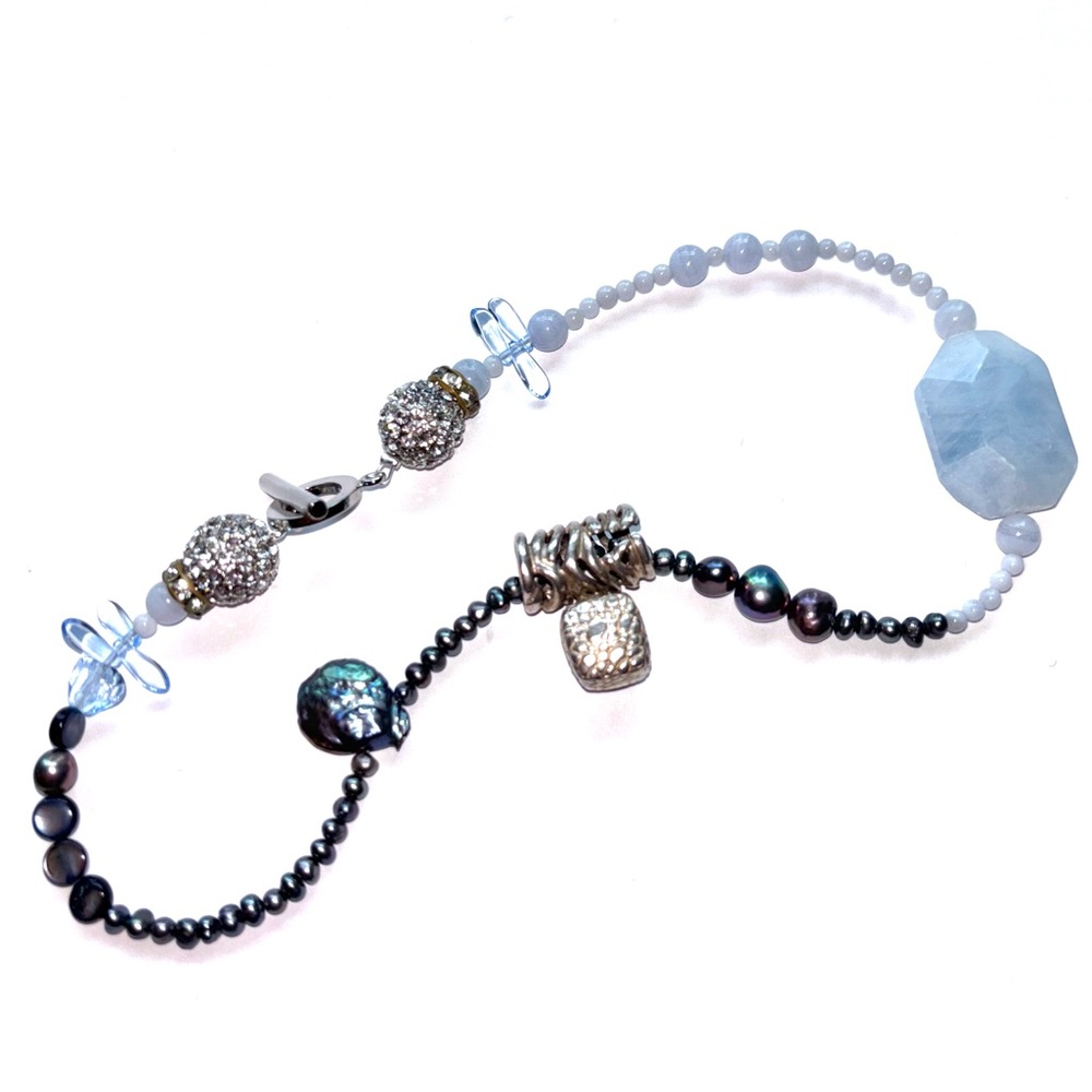 Handmade Freshwater Pearl And  Chalcedony Necklace With Vintage Pendant